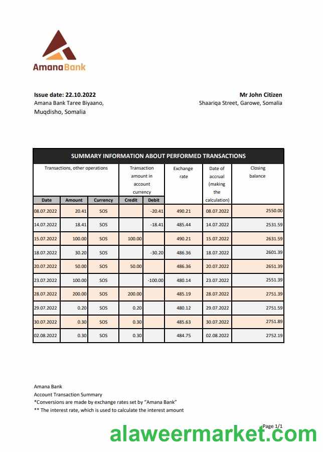 Somalia Amana bank statement xls